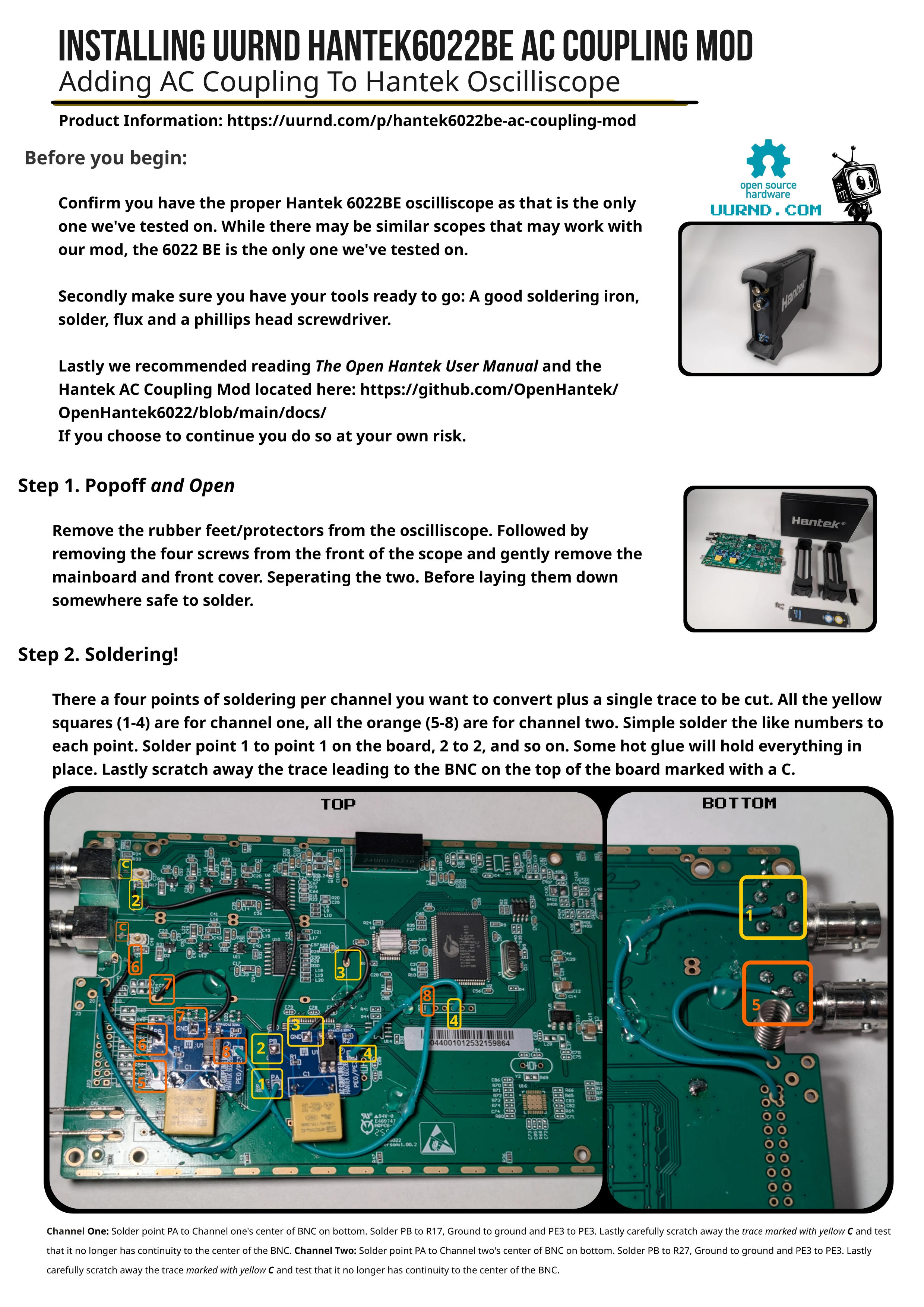 Soldering and connecting Hantek 6022BE AC Coupling Mod to Oscilliscope