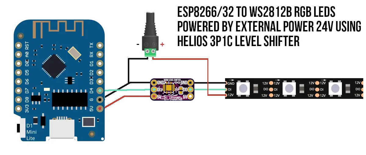 Connecting WEMOS D1 Mini to Externally Powered 24V RGB LEDs using Helios 3P1C