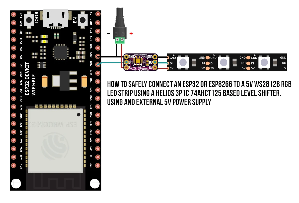 Connecting ESP32 or ESP8266 to Externally Powered 5V RGB LEDs using Helios 3P1C