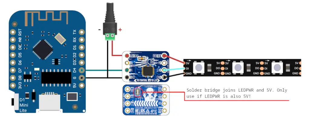 Connecting ESP32/ESP8266 to Externally Powered 5V WS2812 RGB LEDS Helios 4P1C with Bridged Power 