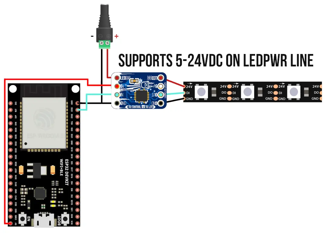 Connecting ESP32/ESP8266 to Externally Powered 5V to 24V WS2812 RGB LEDS with Helios 4P1C