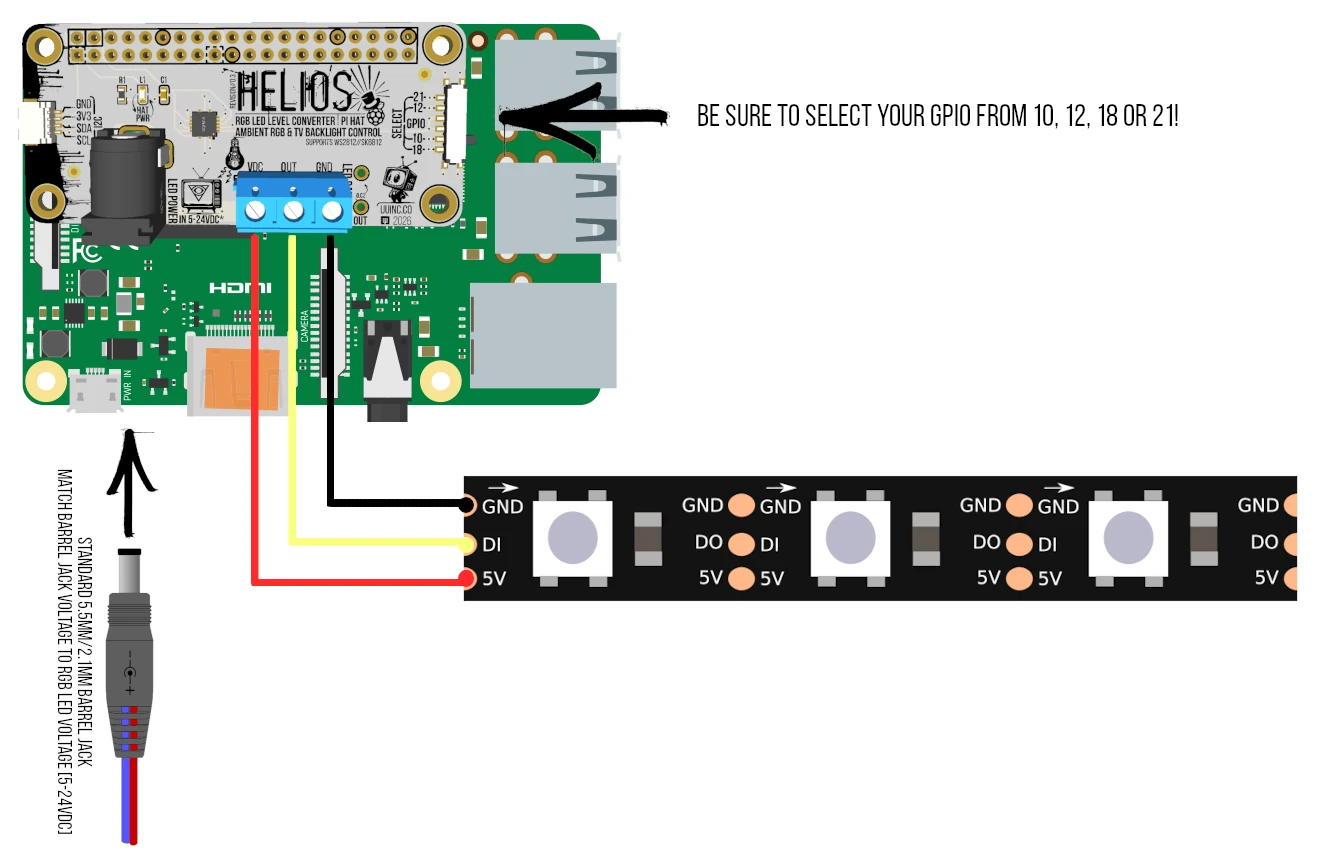 Connecting Raspberry PI to 5V WS2812 with Helios RGB(W) LED Logic Level Shifter Pi Hat
